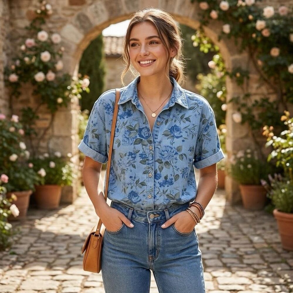 Vintage Capacity size XL floral Denim button front top.
